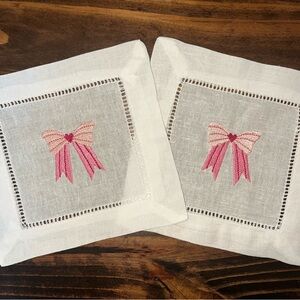 Pink Bow Embroidered Cotton/Linen Coasters (2)